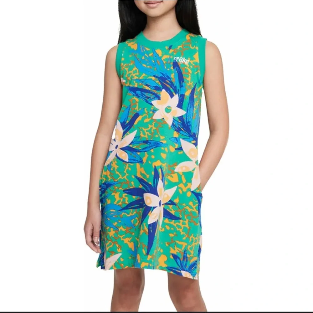 Nike Girls Size XL Green Floral Sleeveless Tank Dress Sporty Play Casual - Picture 1 of 6